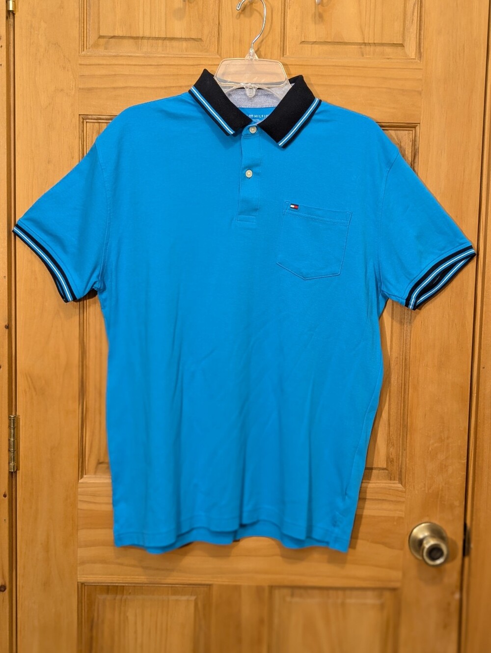 Tommy Hilfiger Polo Shirt Blue Men's LG Short Sleeve Tennis Golf Classic Preppy
